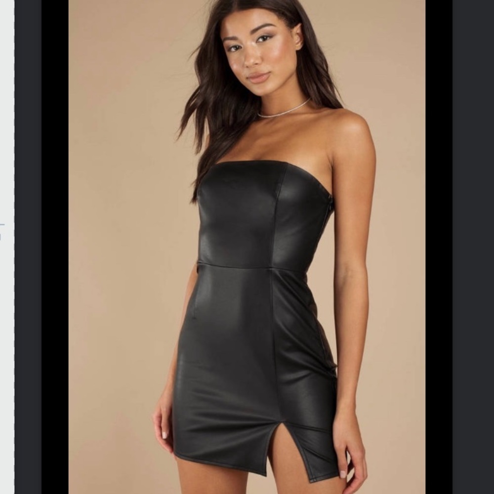 Tobi Strapless Black Leather Slit Mini Dress